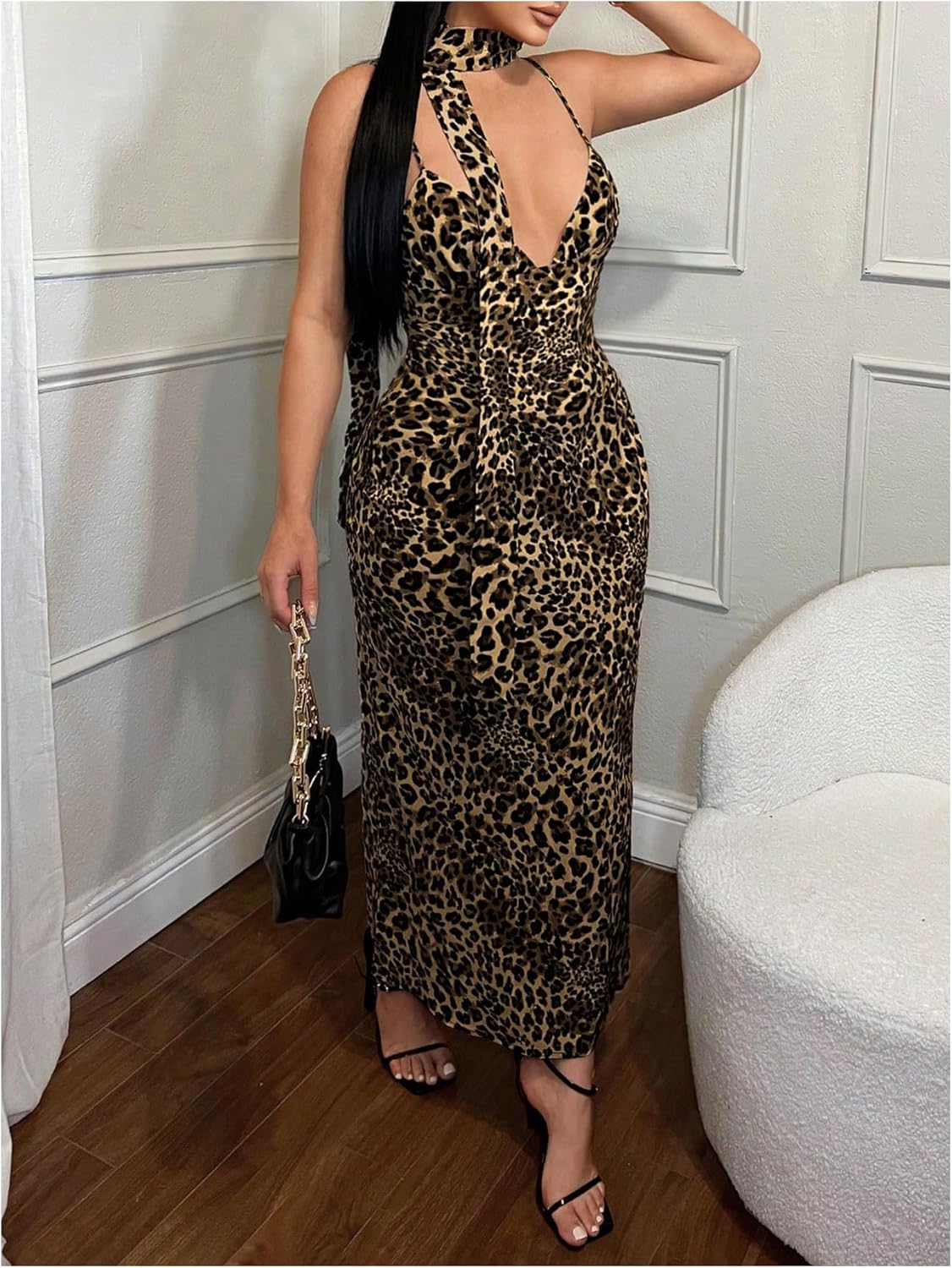 Floerns Women's Cheetah Backless Cami Dress Date Night Bodycon Maxi Dresses with Scarf - Image 5