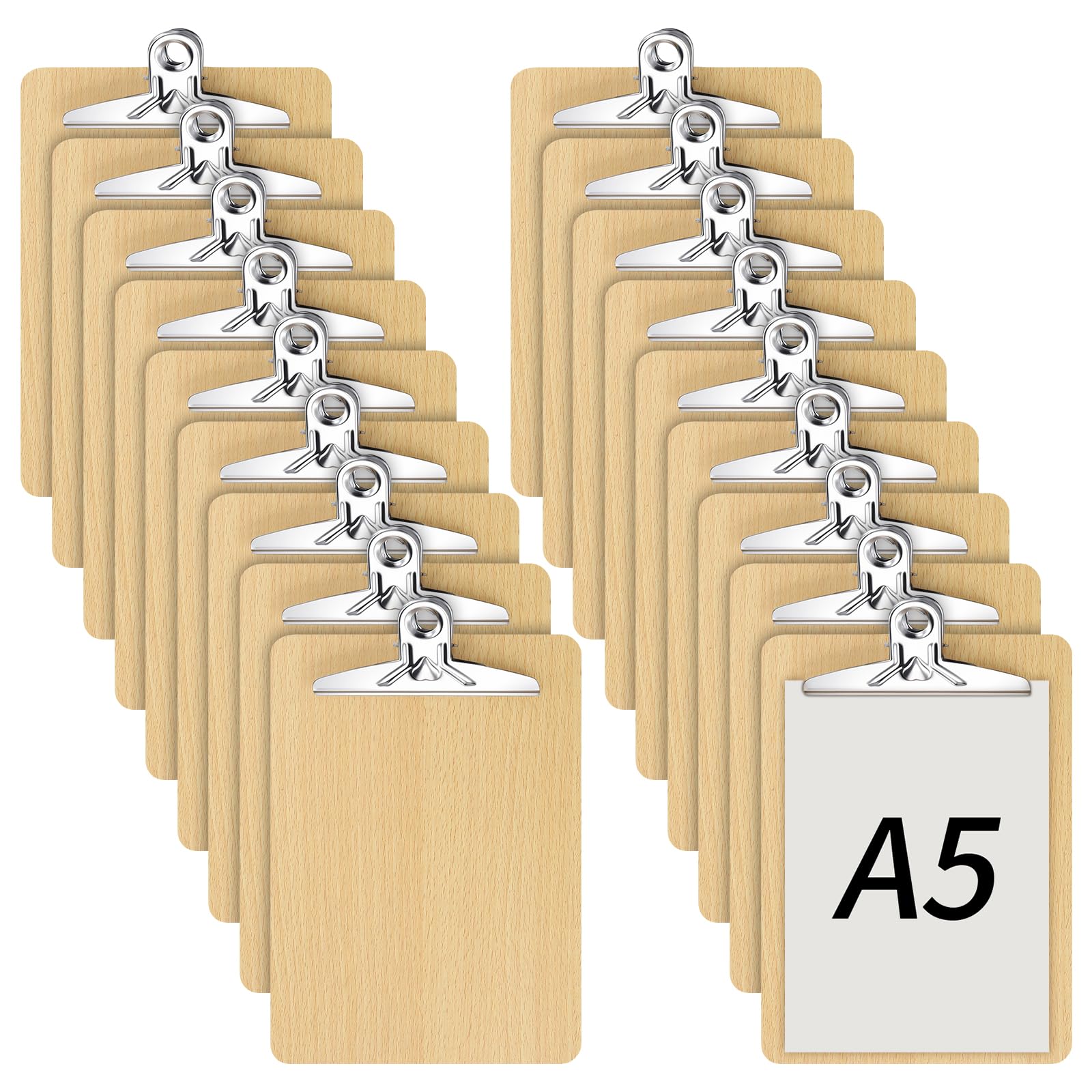 CHIHEUNG 20PCS A5 Clipboard, Wooden Clipboards with Low Profile Metal Clip, A5 Clip Boards for Office Restaurant, 24 x 17 cm