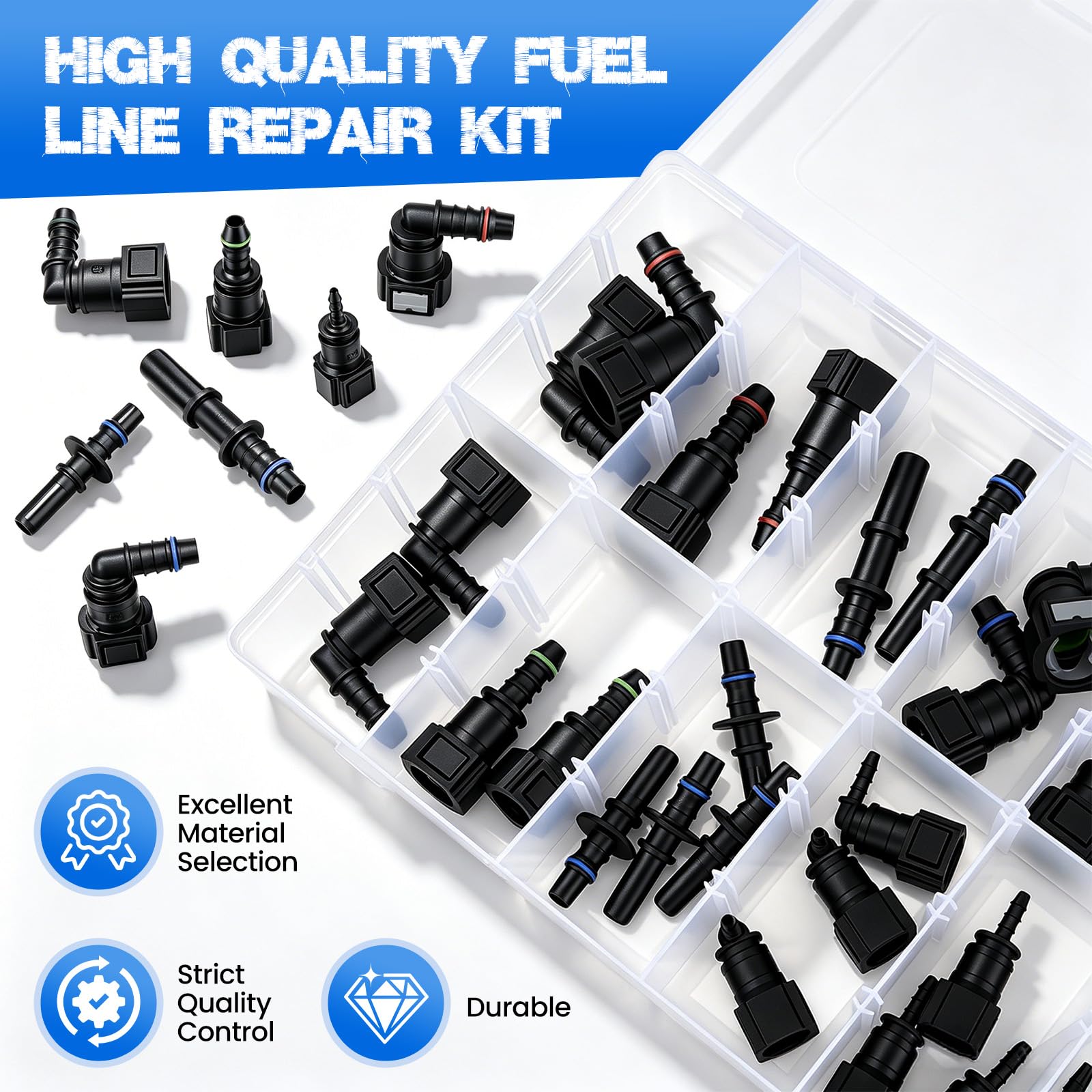 36-Teiliges Kraftstoffleitungsverbinder Set, Schnellkupplungen für Benzinschlauch, Gerade und Winkelanschlüsse, kompatibel mit 9.89mm 9.49mm 7.89mm 6.3mm, für Auto, Motorrad, Boot – ID8mm ID6mm