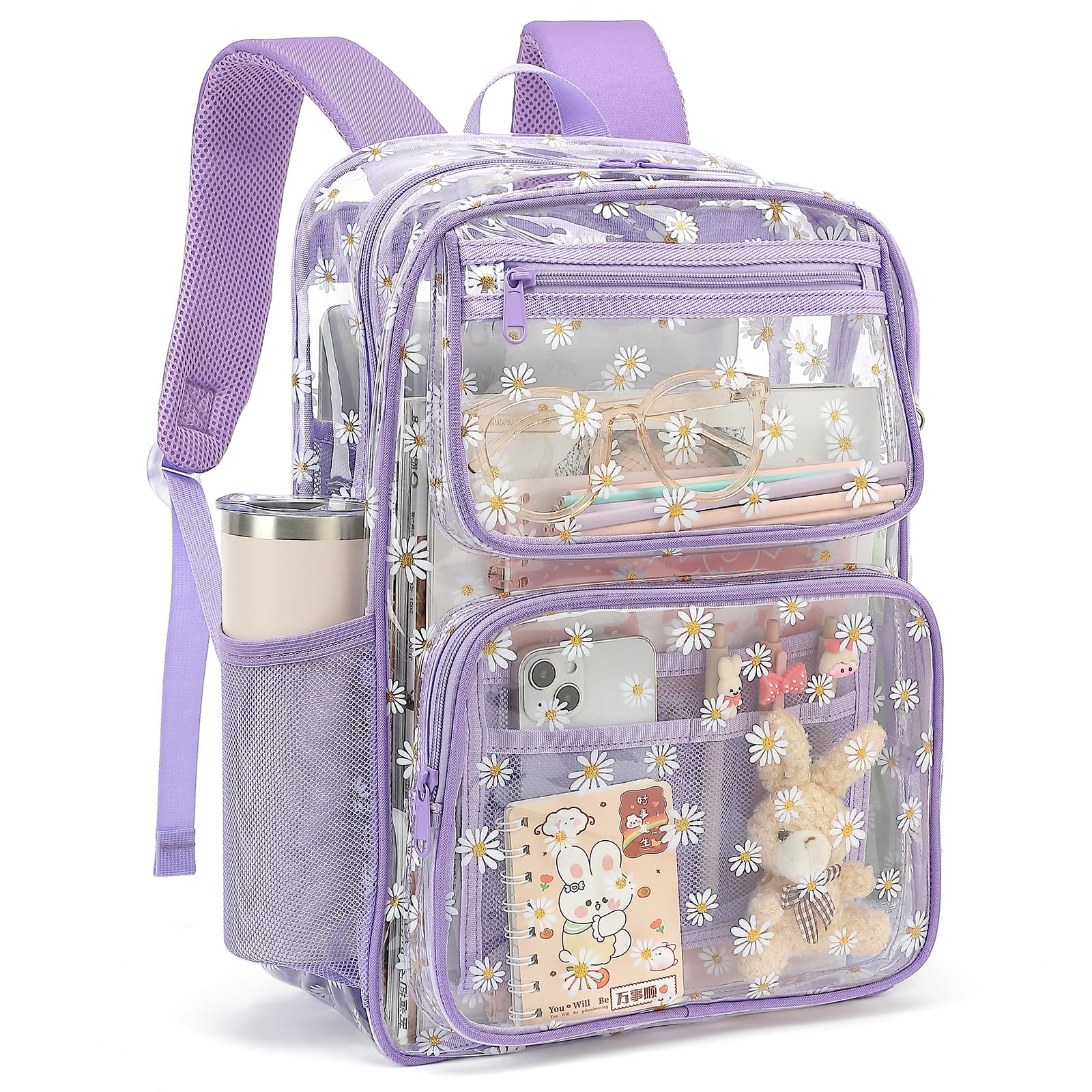 Yusudan Daisy Clear Backpack for Girls Women, Heavy Duty Transparent School Backpack See Through Bookbag (Purple)