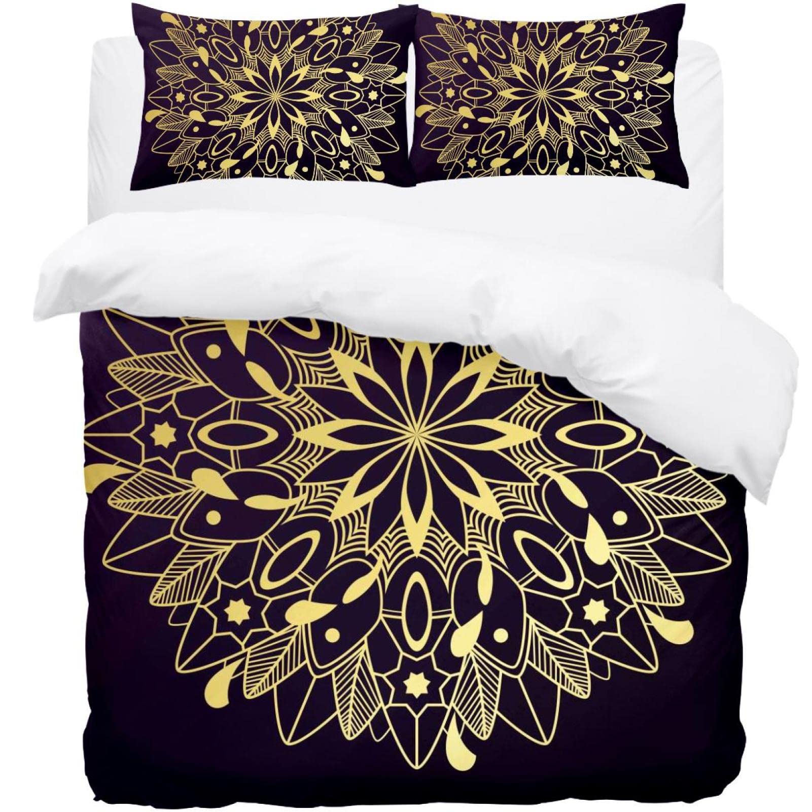 Parure de lit mandala doré anti-plis avec housse de couette douce pour la peau