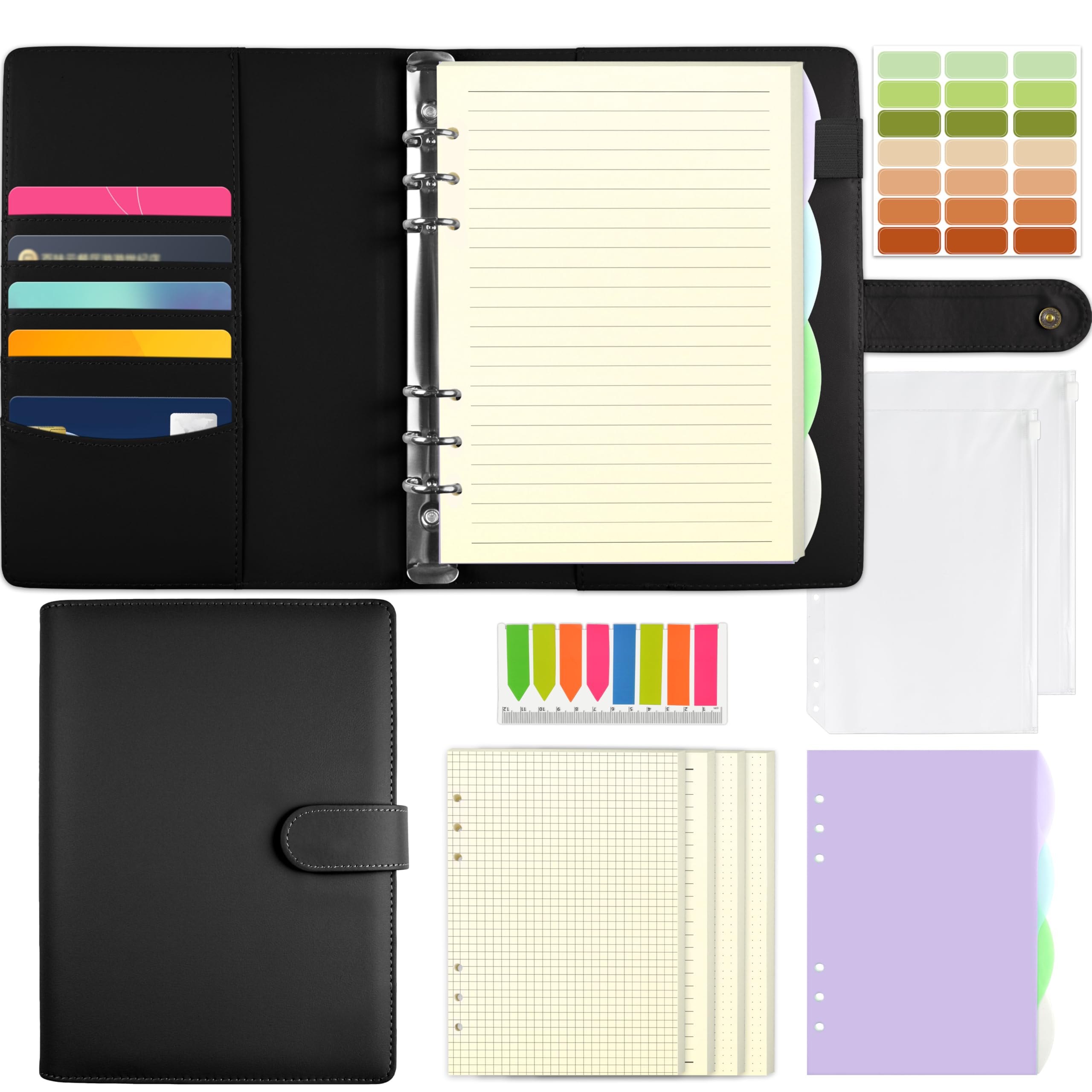 Mlife A5 Refillable Ring Binder, with 180 Sheets Refill Paper,A5 Notebook with Binder Pockets and Dividers,for Men and Women-Black