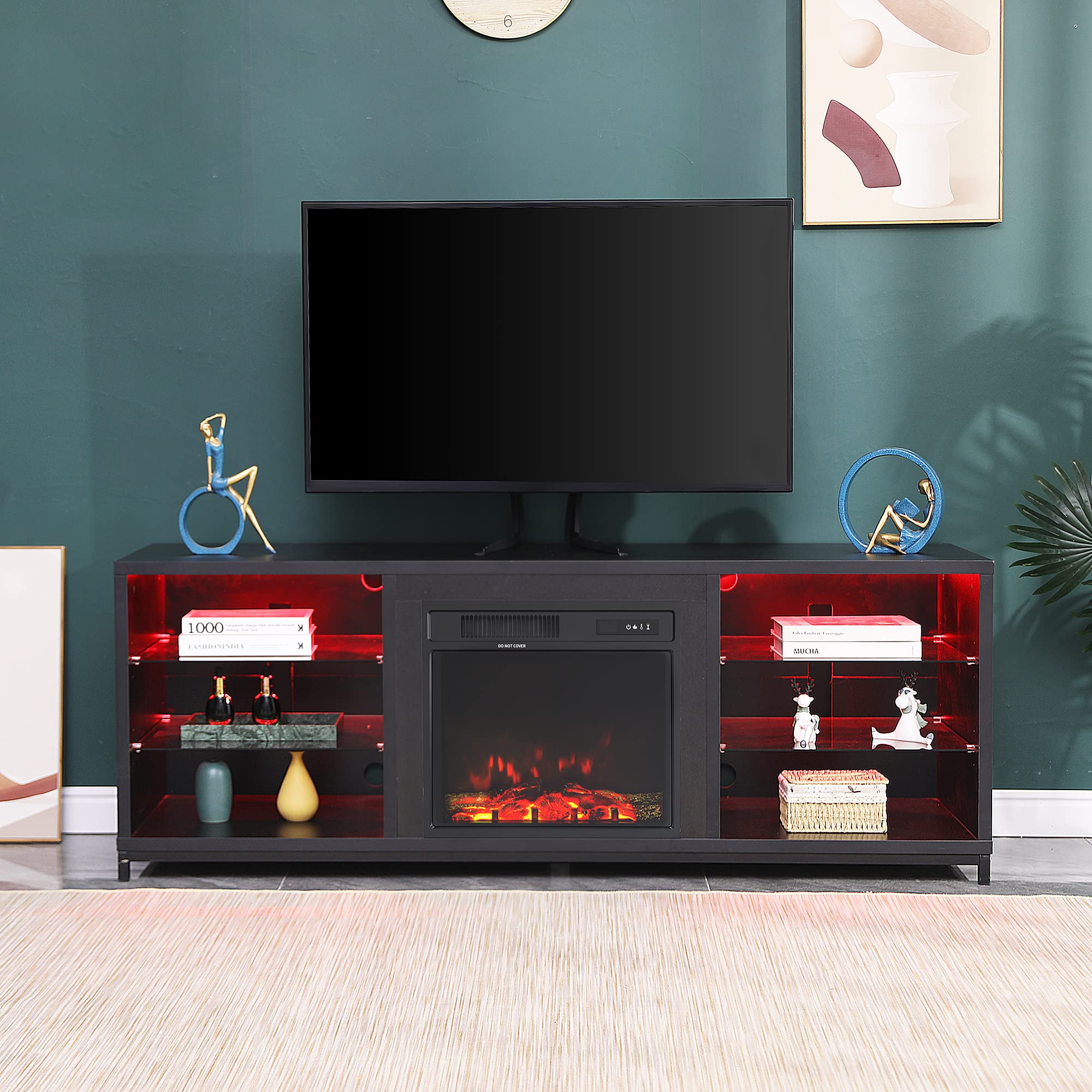 Amazon.com: MELLCOM 65 Fireplace TV Stand with 18 Electric Fireplace,  Entertainment Center with Adjustable Glass Shelves, TV Console for TVs up  to 75, TV Table for Living Room,Bedroom,Office,Black : Home u0026 Kitchen