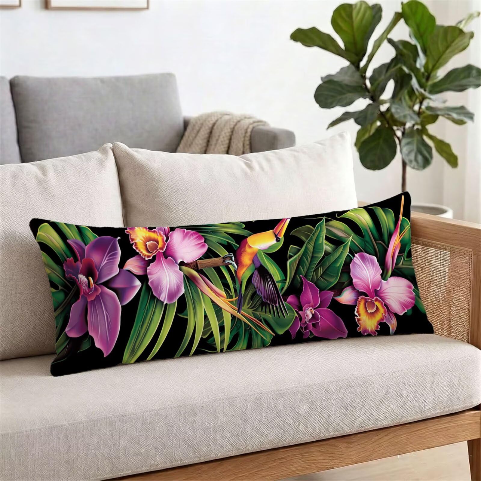 Funda de Almohada 60 x 180 cm Verde Protector Almohada 180 cm con Cremallera Invisible, Lino Durable y Transpirable Pillow Case Largas Flor Impresión a Doble Cara para Cama, Sofá y Dormitorio dg-464