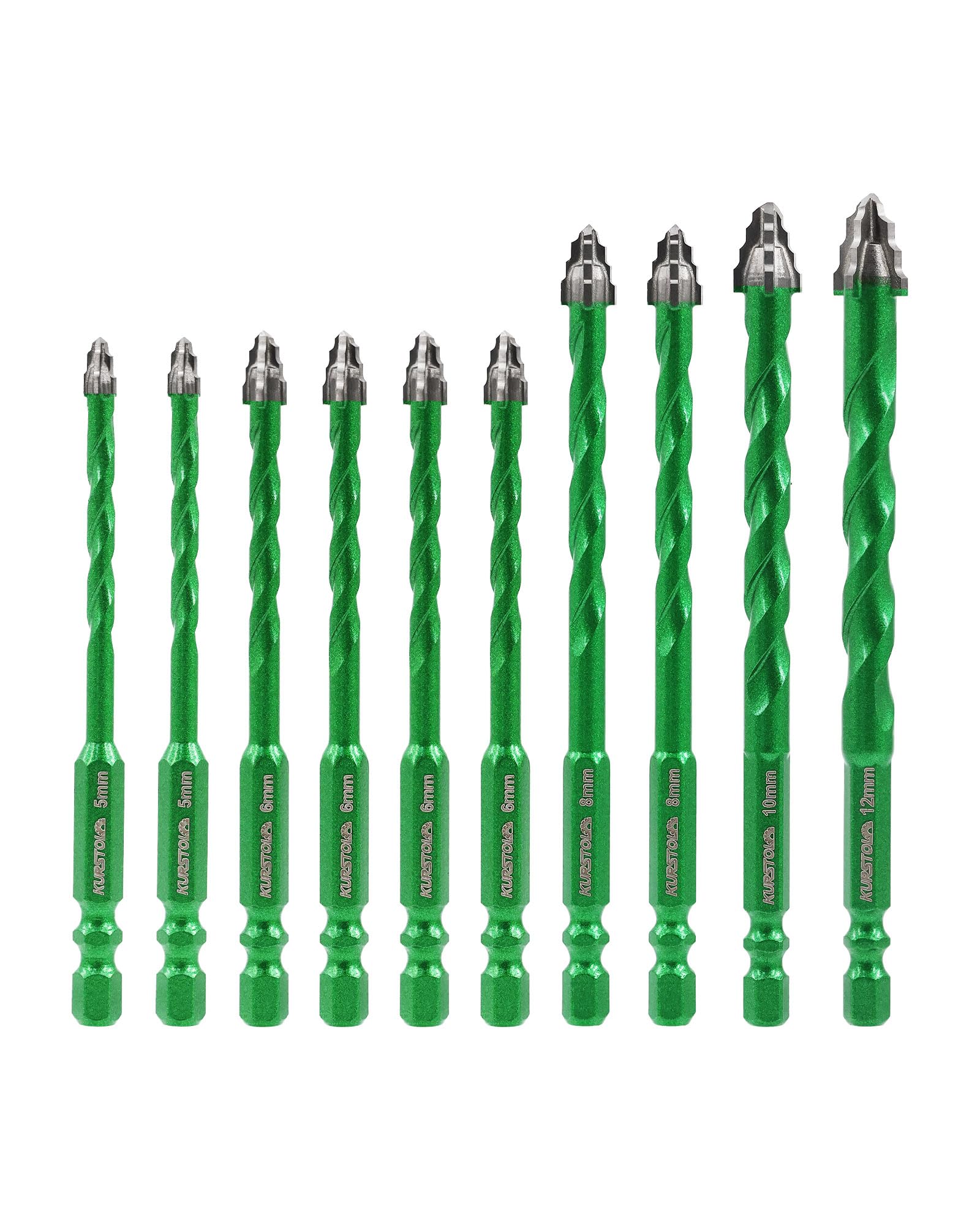 KURSTOL Serrated Masonry Drill Bit Set - 10pcs 5mm*2/6mm*4/8mm*2/10mm/12mm Concrete Carbide Drill Bit for Wood Plastic Masonry Brick Ceramic Tile Marble