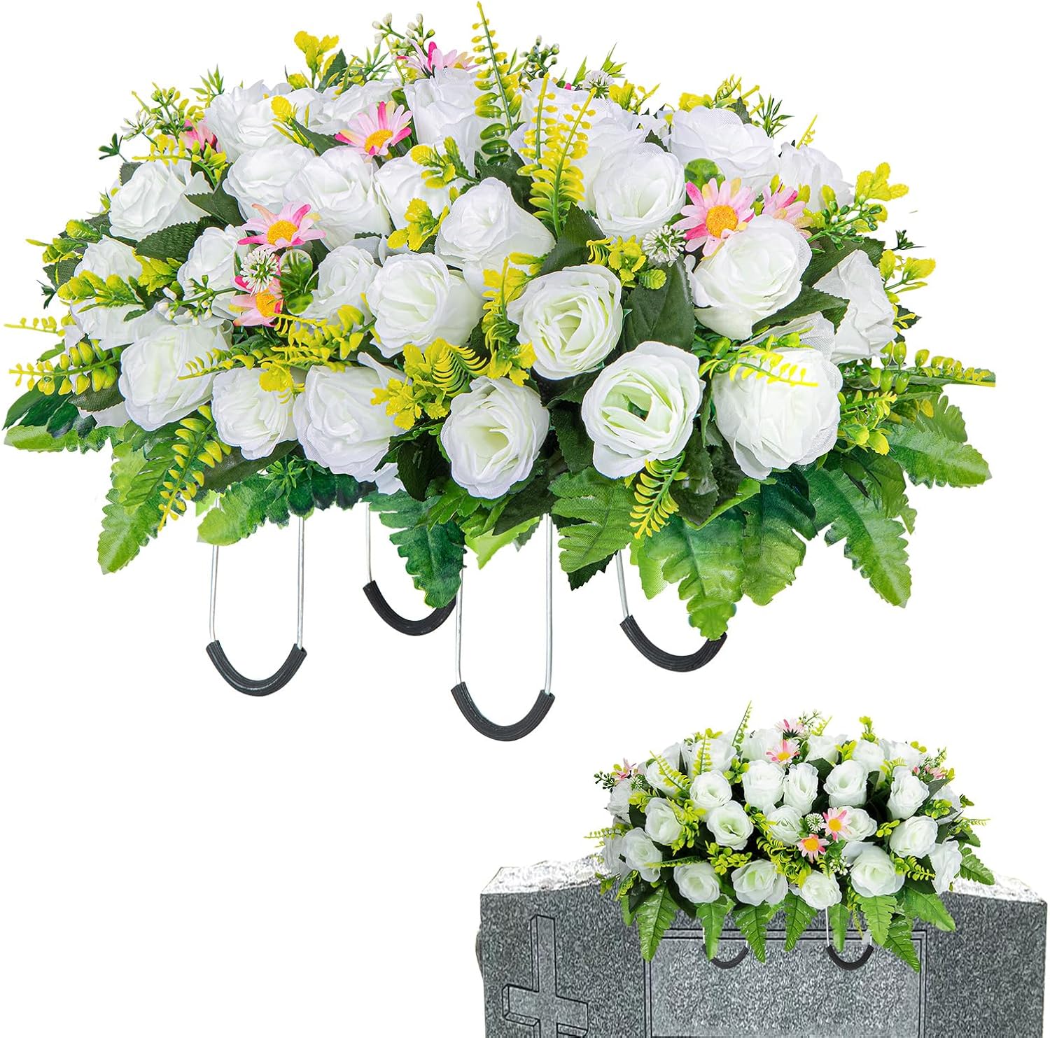Artificial Cemetery Flowers Saddle for Headstone, Memorial Grave Flowers for Cemetery Outdoor Gravesite Tombstone Headstone Decorations (White)