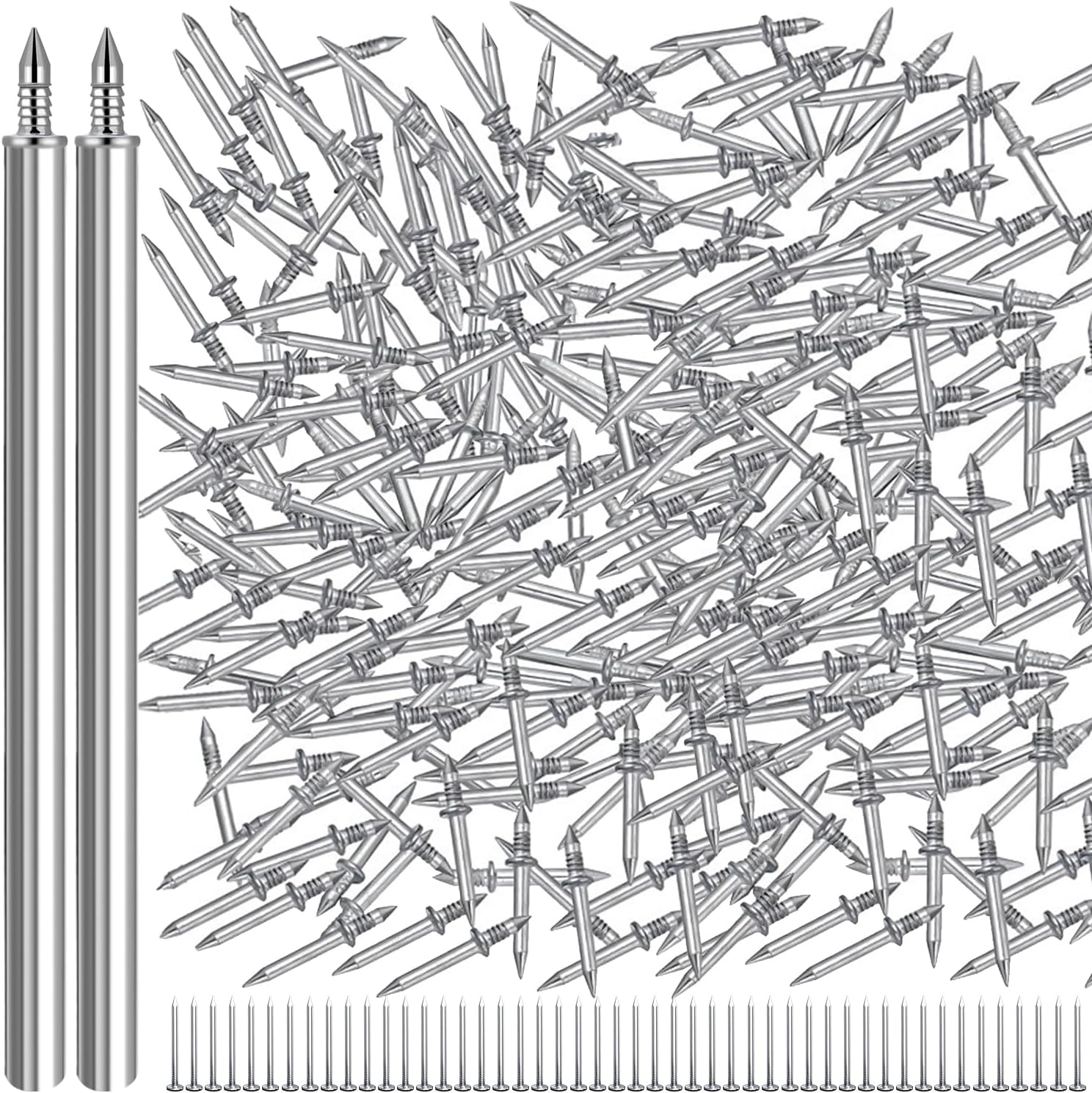 200 clavos dobles sin costura para zócalos, tornillos invisibles de doble cara para zócalos de madera maciza, con 2 herramientas de instalación tipo manga + 50 clavos de acero para colgar de 1 pulgada miniatura 1