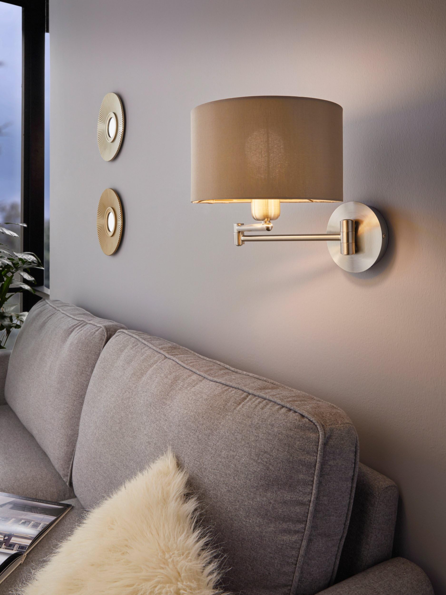 EGLO Lampa ścienna do wnętrz Maserlo, lampa wykonana z matowej stali niklowej, tkanina w kolorze taupe i złotym, oprawa oświetleniowa do salonu i przedpokoju, reflektor z gniazdem E27 | tkanina, kolor: matowy nikiel, topo, złoto, oprawa: E27, z przełączni