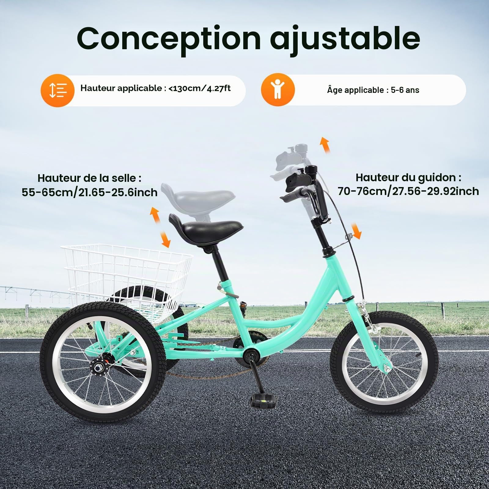 Tricycle pour enfants de 14" - Vitesse unique - 3 roues - Vélo Cruiser - Pour filles et garçons - Avec panier - Loisirs, shopping, pique-niques