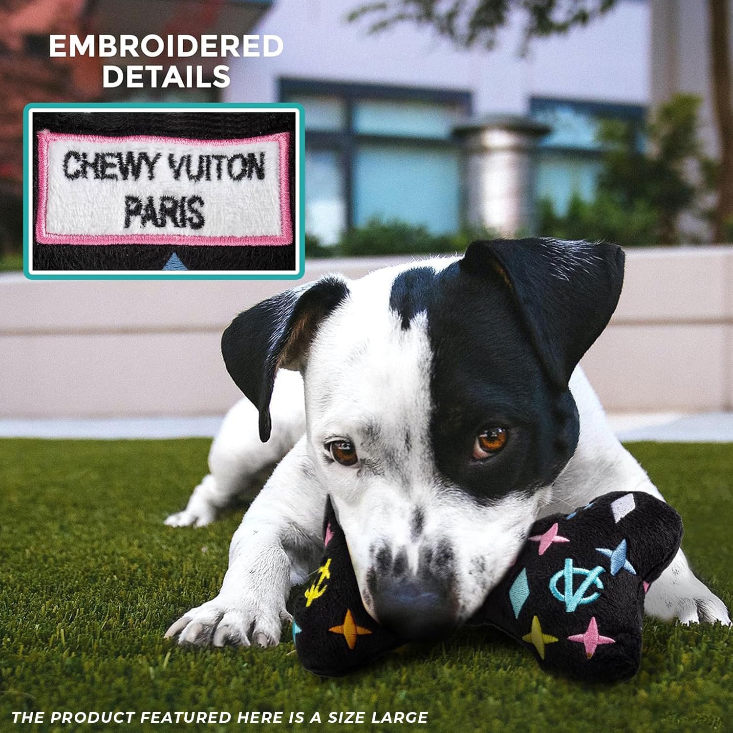 Haute Diggity Dog Chewy Vuiton Bone Plush Squeaky Dog Toy, Soft Durable Designer-Inspired Stuffed Puppy Chew Toys for Small, Medium & Large Dogs, Machine-Washable (Black Monogram) XL