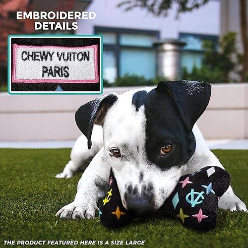Miniatura 5 de Haute Diggity Dog Black Monogram Chewy Vuiton Bone, juguetes de peluche para perros con chirriador interactivo, estimulante para el enriquecimiento