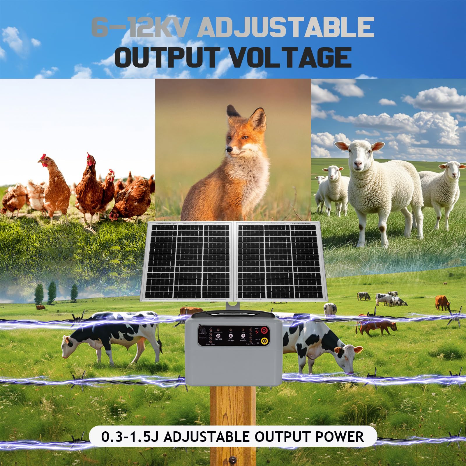 48KM Pastore Elettrico Solare, 0.3-1.5J, 6KV-12KV Recinzione Elettrica Pastore con 15W Pannello Solare e Batteria 7Ah, Per Mucche, Bestiame, Allevamento Di Pollame, Pastore (Grigio)