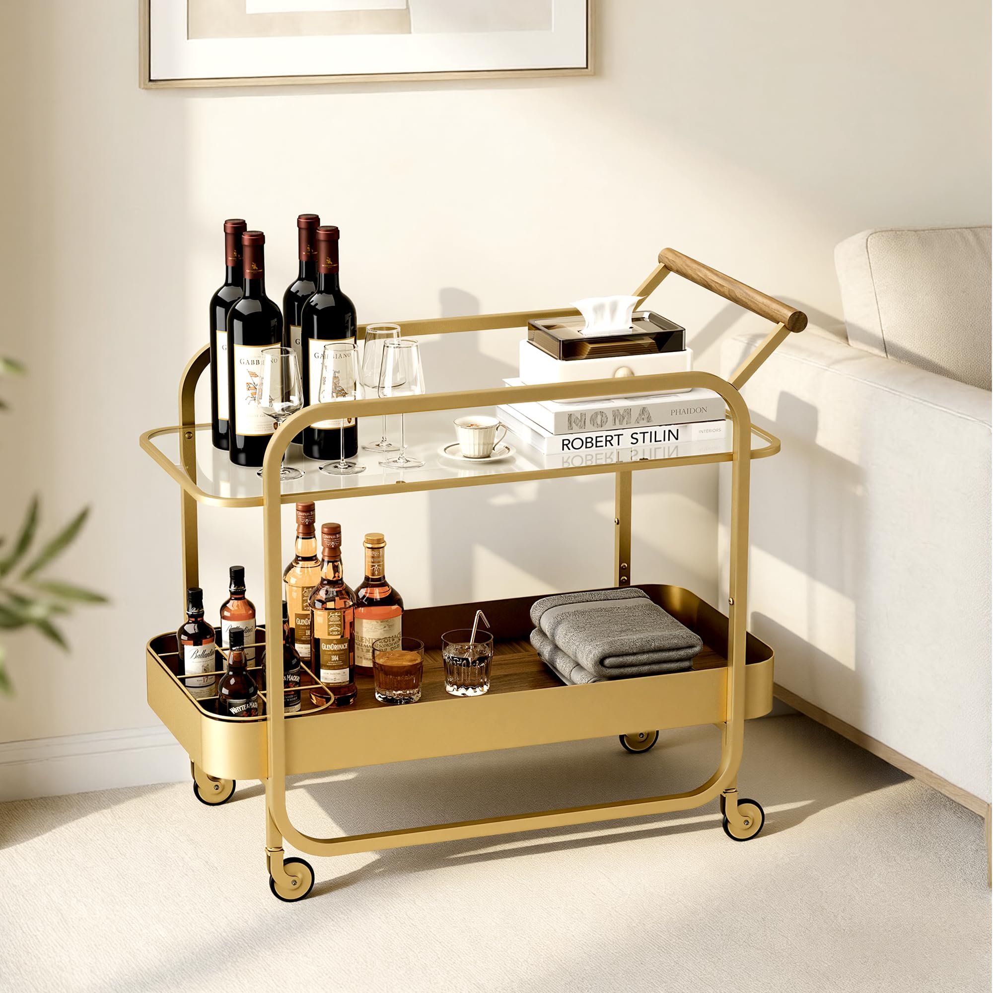 Carrito de Bar 2 Niveles, Carrito de Bebidas con Bandeja de Vidrio Templado y Rejilla para Botellas, Carro de Bar con Ruedas Bloqueables, Carrito Multiusos para Cocina, Salón, Dorado