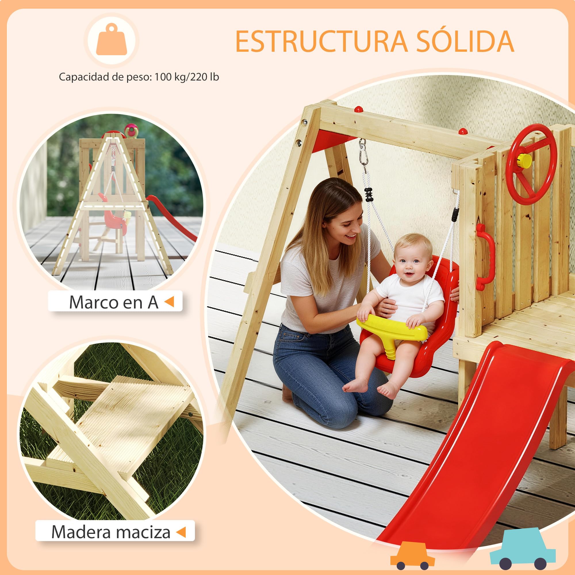 Outsunny Columpio y Tobogán Infantil, 5 en 1, Parque Infantil Exterior de Madera con Columpio, Tobogán, Volante, Bocina, Teléfono, para Niños de 18-48 Meses, para Patio, Césped, Rojo