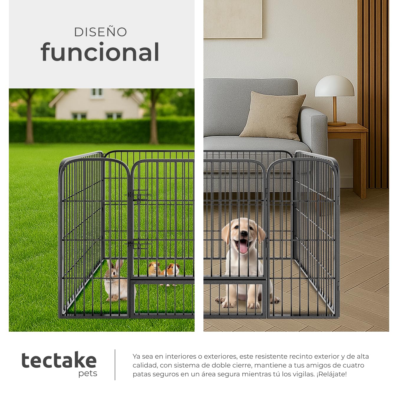 tectake® Parque para Perros, Puerta Seguridad para Niños y Mascotas, Valla Metálica, Jaula Perro, Barrera de Seguridad Plegable, Parque Perros y Conejos, Doble Cierre - Gris