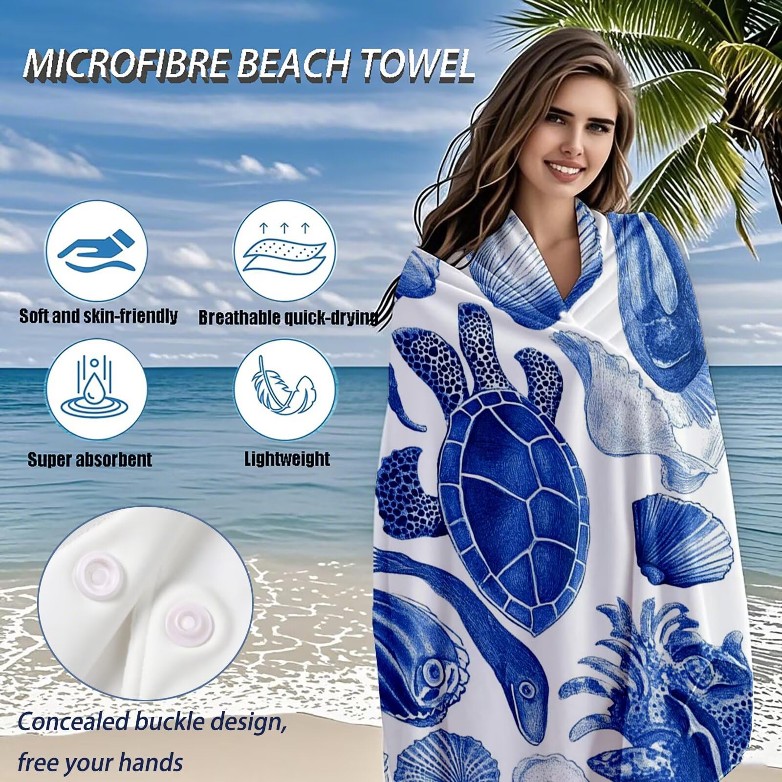 Serviette de Plage Microfibre Serviette Plage 80x180 2 Pack Séchage Rapide, Anti-Sable, Absorbante Fonction drap de plage xxl pour Bain Sport Voyages Sauna Piscine Yoga, avec Sac Tortues de mer Q-85