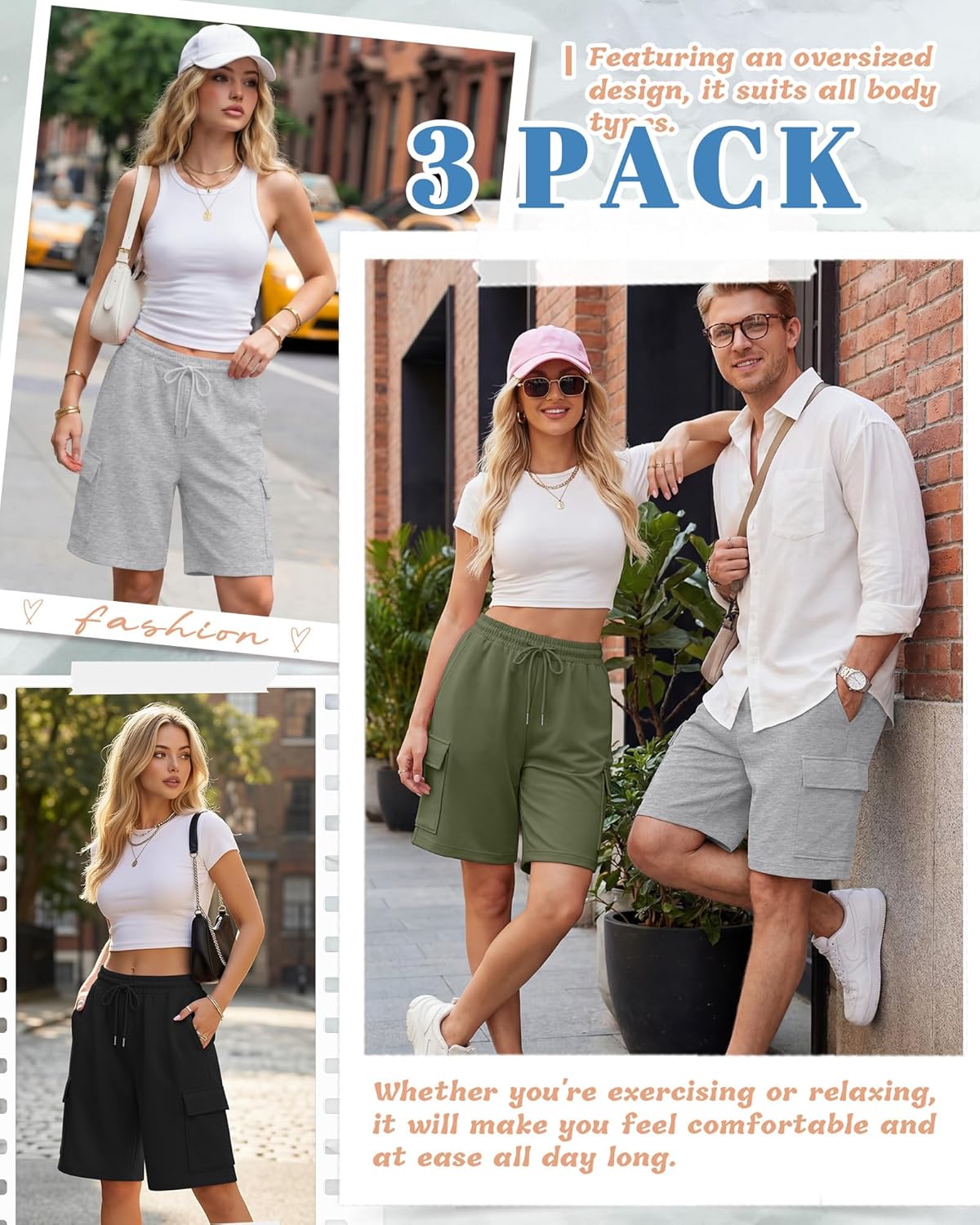3 Pack Women Bermuda Shorts 9'' Cargo Oversized Long Jersey Drawstring Knee Loose Baggy Workout Sweat Shorts Pocket