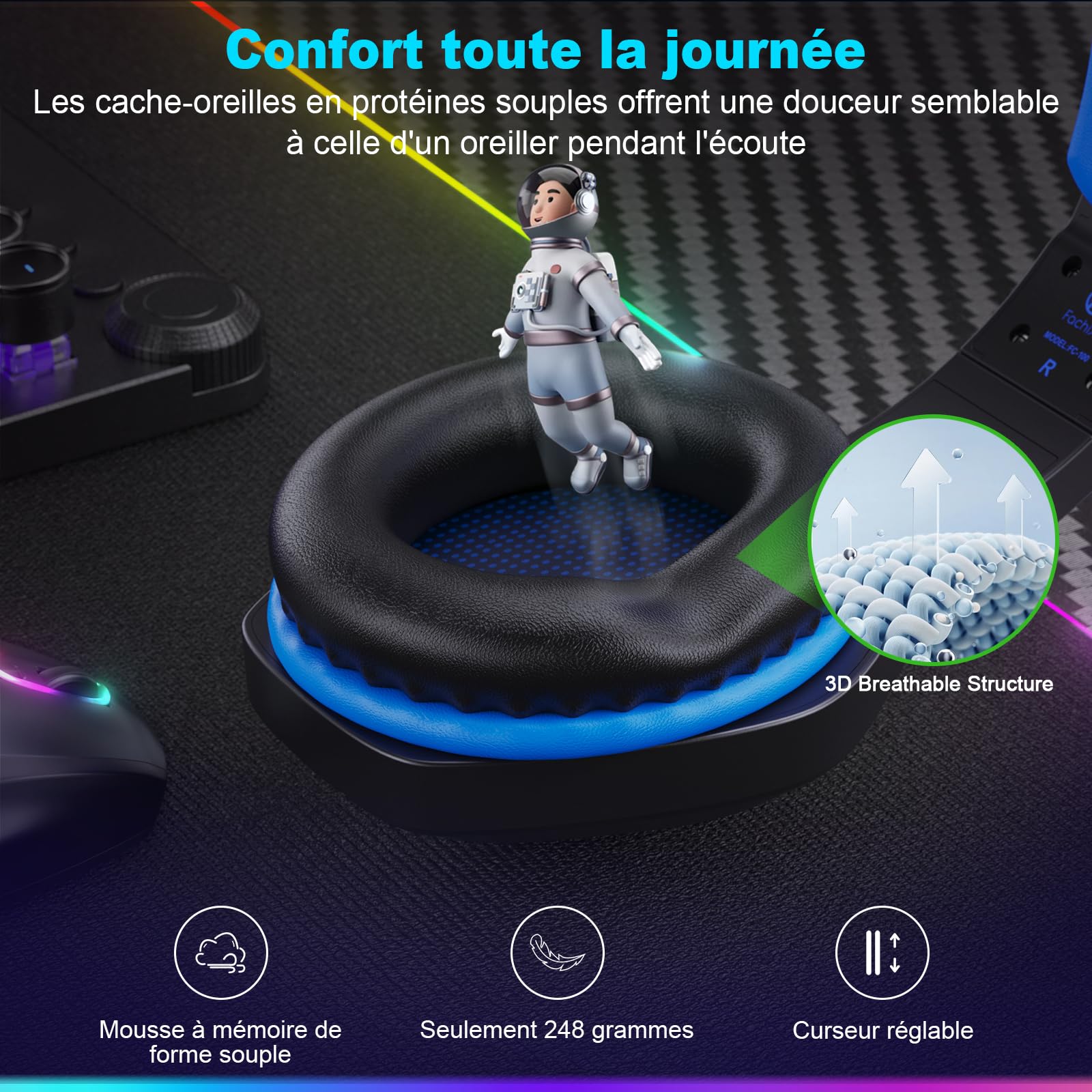 Fachixy FC100「2025 Nouvelle」Casque de Jeu sans Fil pour PS4, PS5, PC - 2,4 GHz et Casque Bluetooth avec Microphone - Son stéréo 3D et autonomie de 50 Heures - pour Switch, Smartphones, Noir-Bleu