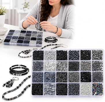 Assorted Bead Kit, Black, Grey and Silver Mix, 24-Compartment Box