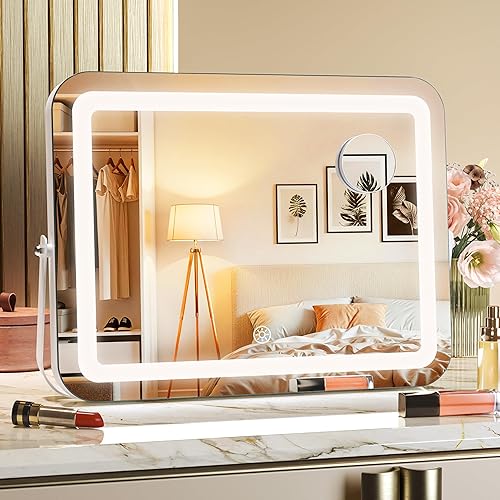 MINISO Vanity Mirror with Lights, 14" x 11" LED Makeup Mirror, Light & Brightness Adjustment, Smart Sensor, 360°Rotation, Aluminum Alloy Metal White Frame, with 5X Magnifying Glass