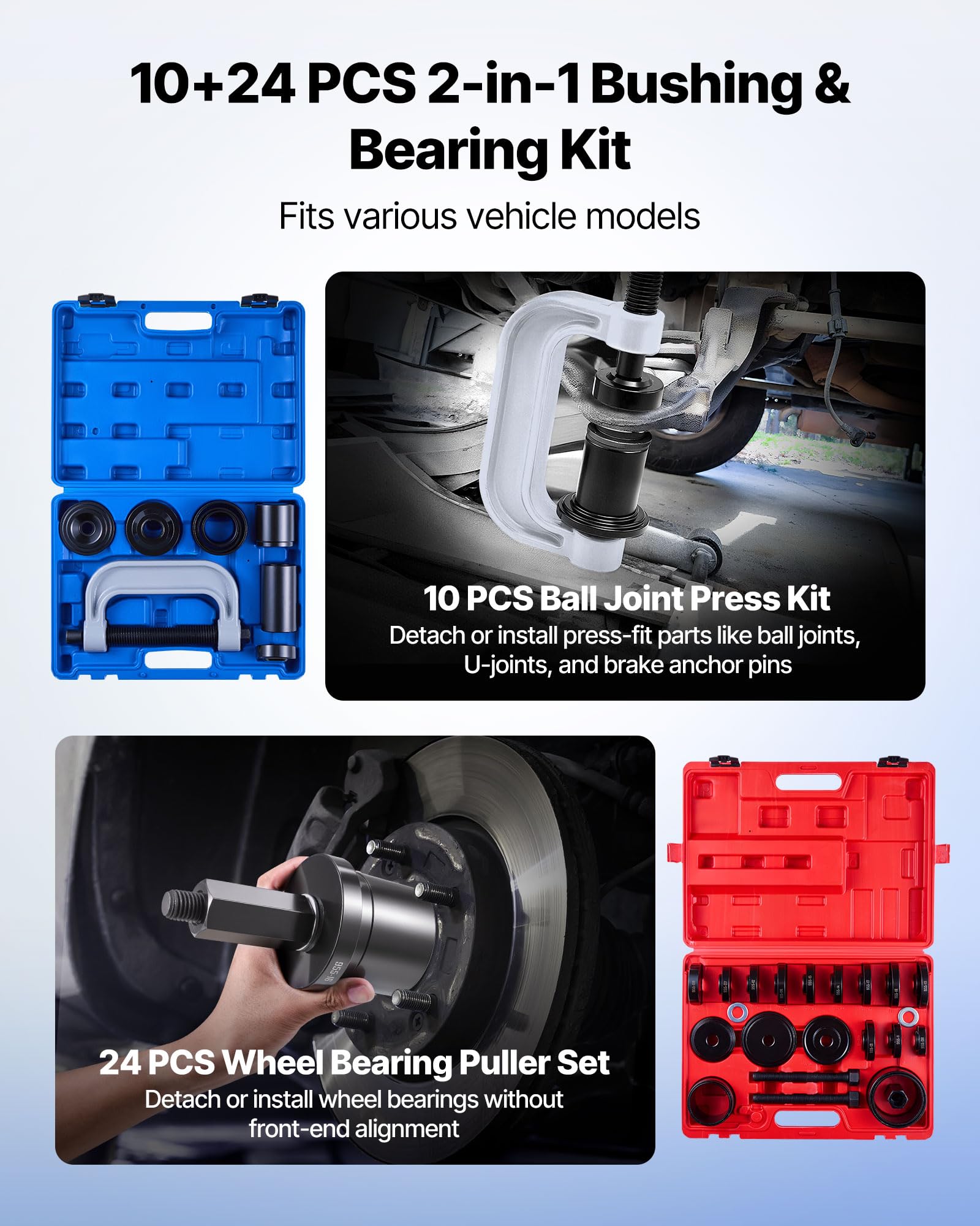 VEVOR Kit Pressa per Cuscinetti, 10+24 Pezzi, Utensile per Boccole, Set per Piste e Guarnizioni con 13 Boccole, Telaio a C e Manicotti, Strumenti di Installazione e Rimozione con Custodia