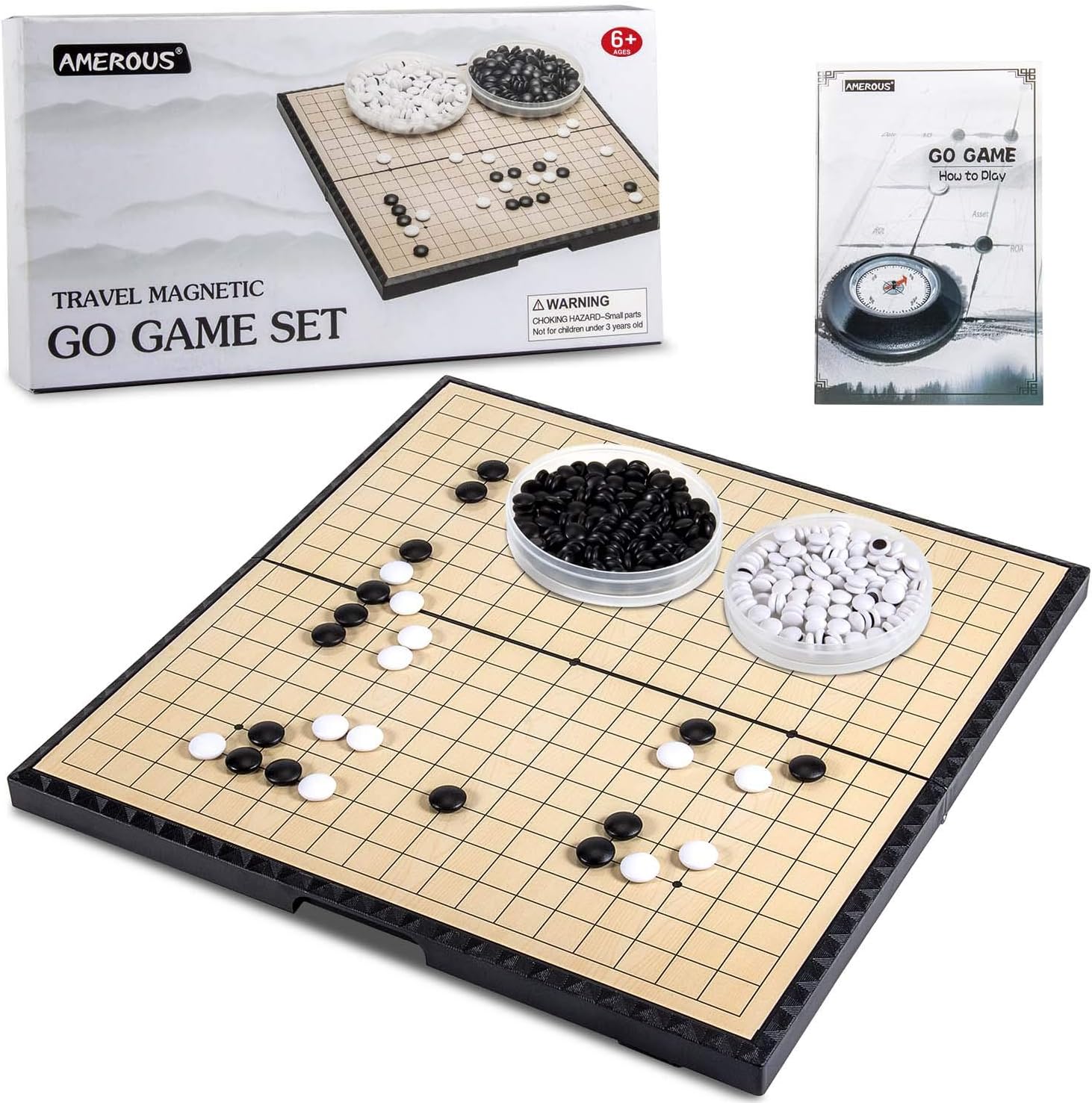 AMEROUS 11 Inches Magnetic Go Game Set (19 x 19), Travel Foldable Board Game Set with Magnetic Plastic Stones & Go Game Rules for Beginner, Kids, Adults （Weiqi）
