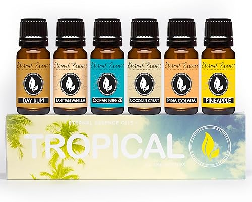 Tropical - Juego de 6 aceites aromáticos Coconut Cream, Bay Rum, Pina Colada, Tahitian Vanilla, Ocean Breeze y Pineapple, 0.3 fl oz (10 ml)