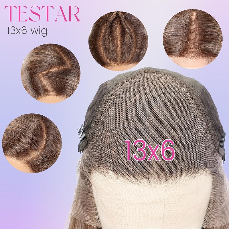 Perucă sintetică pentru femei, 13x6, ombre, amestec maro deschis cu alb, dantelă frontală, lungă, ondulată, 22 inchi, fibră termorezistentă, pentru purtare zilnică