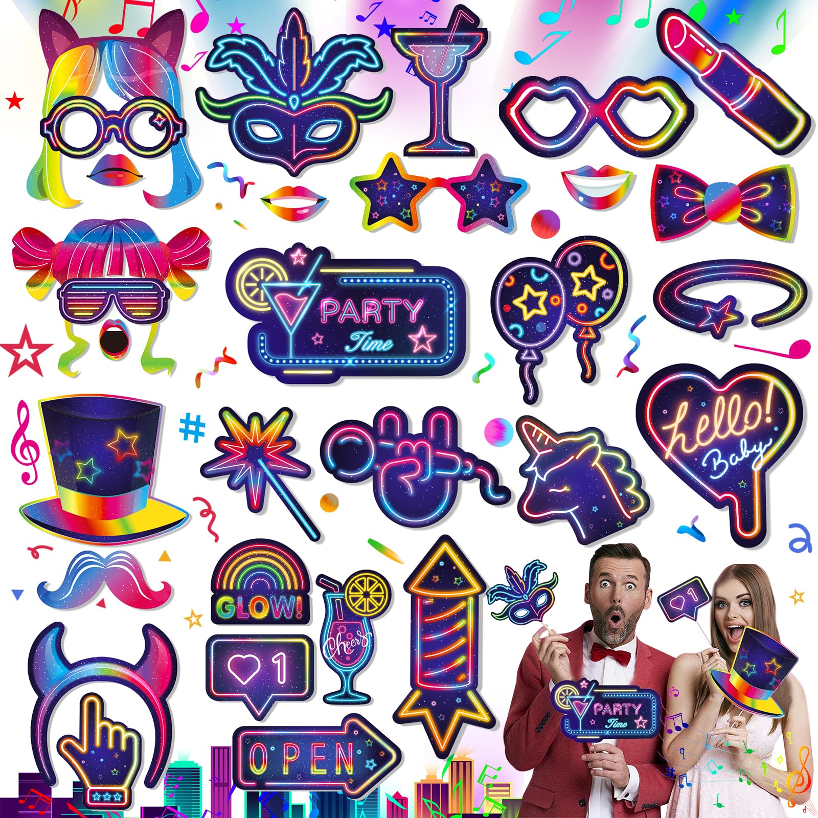 30 Piezas Photo Booth Neón Accesorios, Accesorios de Photocall para Fiestas, Cumpleaños Photo Booth Props, Foto Props de Fiesta Neón, Props de Fiesta Accesorios de Photo, para Navidad,Bodas,Halloween