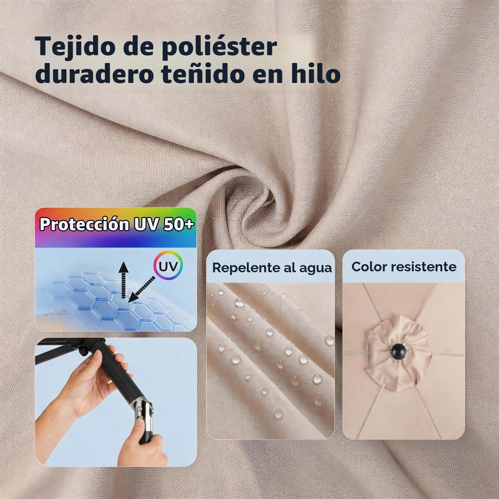 LEADZM Sombrilla de 300 cm de diámetro, sombrilla con manivela y giratoria 360° con 6 costillas, resistente al agua y protección UV, sombrilla de jardín con soporte para jardín, terraza y exterior