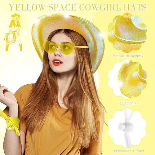 Miniatura 2 de Unittype Paquete de 18 sombreros de vaquero, sombrero de vaquera para novia, sombrero LED de vaquero espacial con 6 gafas, 6 bandana para mujer,