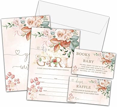 It’s a Girl Baby Shower Invitations Set, Sweet Girl Invitations with Envelopes, Spring Flowers Diaper Raffle Tickets and Book Request Cards, Floral Gender Reveal Party Supplies Decorations -08