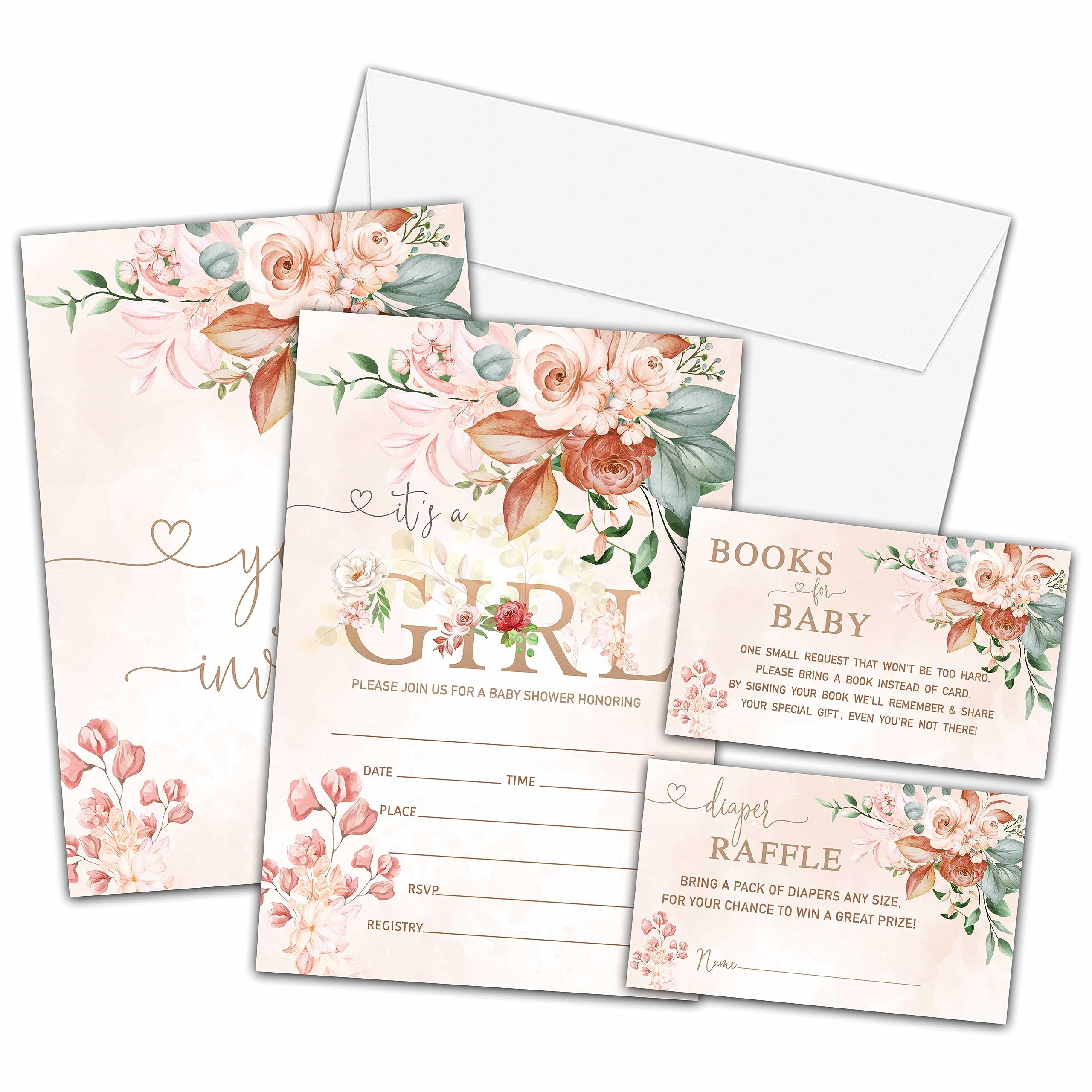 KFNER It’s a Girl Baby Shower Invitations Set, Sweet Girl Invitations with Envelopes, Spring Flowers Diaper Raffle Tickets and Book Request Cards,