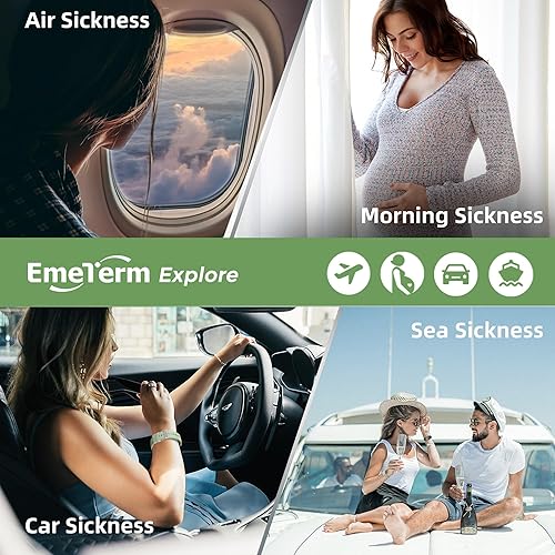 Miniatura 7 de EmeTerm Explore la FDA - Pulsera antináuseas IP67, impermeable, banda de alivio de mareos por movimiento matutino, diseño clásico recargable, sin
