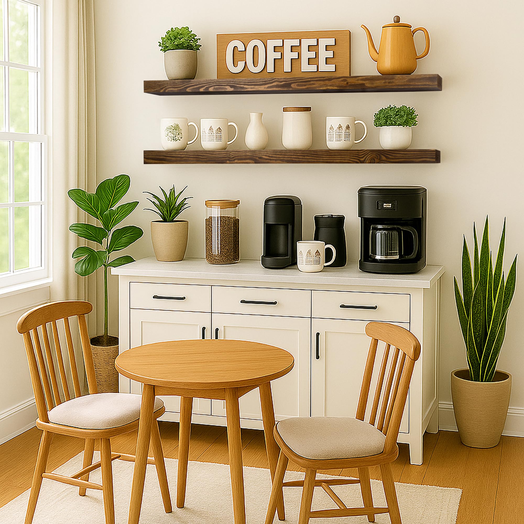 Walnut Floating Shelves 60 Inch Long 8-in Deep Set of 2, High End Real Solid Wood Floating Shelves for Wall,Suitable for Kitchen and Coffee Bar, with Sturdy Hidden Bracket