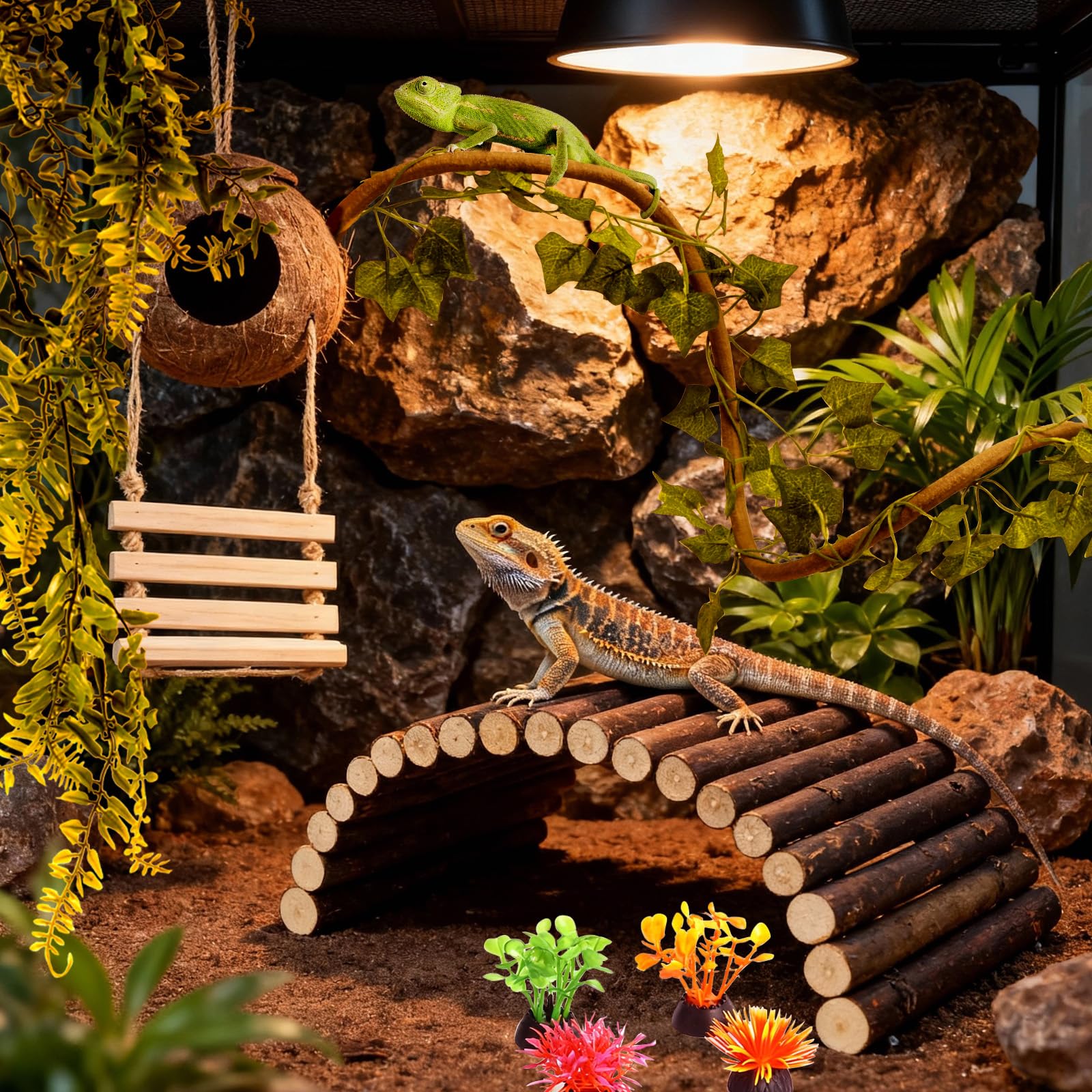 Reptilienpflanzen Brücke Reben Leopard Gecko Kokosnuss Hütte Haube Gecko Tank Zubehör Eidechse Kokoshöhle mit Leiter für Eidechse, Chamäleonkäfig, Schlangen, Einsiedlerkrebse