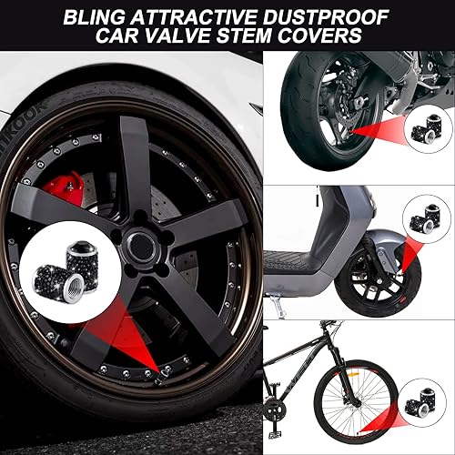 Miniatura 6 de Alpmosn Tapones para válvula de neumático de automóvil, 4 tapas de válvula de neumático brillantes, tapones de cristal brillantes para mujeres,