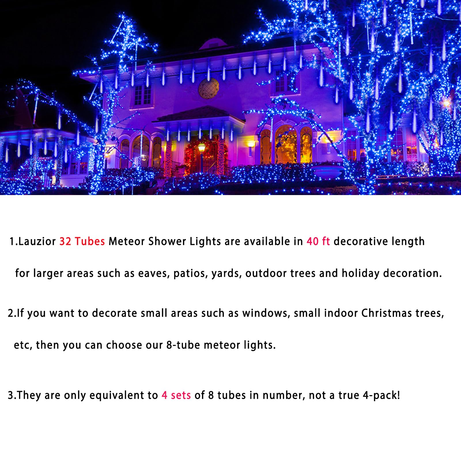 Weihnachtsbeleuchtung für den Außenbereich, 32 Röhren (entspricht 4 Sets mit 8 Röhren), Meteorschauer-Regenlichter – blaues Lcicle Weihnachtslicht für den Außenbereich, für Weihnachtsbaum, Hochzeit