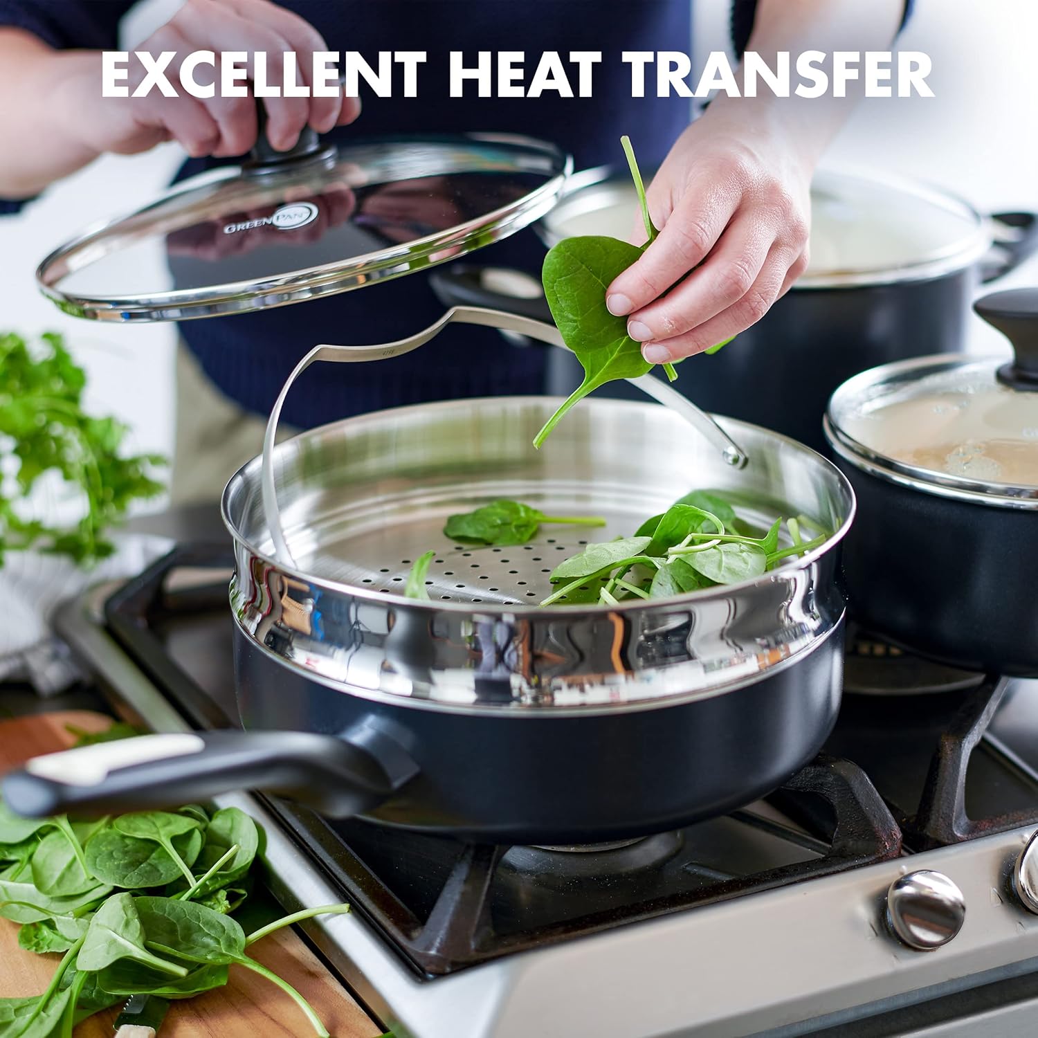 GreenPan Rio Healthy Ceramic Nonstick 16 Piece Cookware Pots and Pans Set, PFAS-Free & Rio Healthy Ceramic Nonstick 8" and 10" Frying Pan Skillet Set, PFAS-Free, Dishwasher Safe, Black