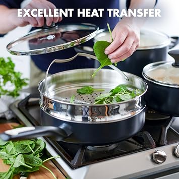 GreenPan Rio Healthy Ceramic Nonstick 16 Piece Cookware Pots and Pans Set, PFAS-Free & Rio Healthy Ceramic Nonstick 8 and 10 Frying Pan Skillet Set, PFAS-Free, Dishwasher Safe, Black