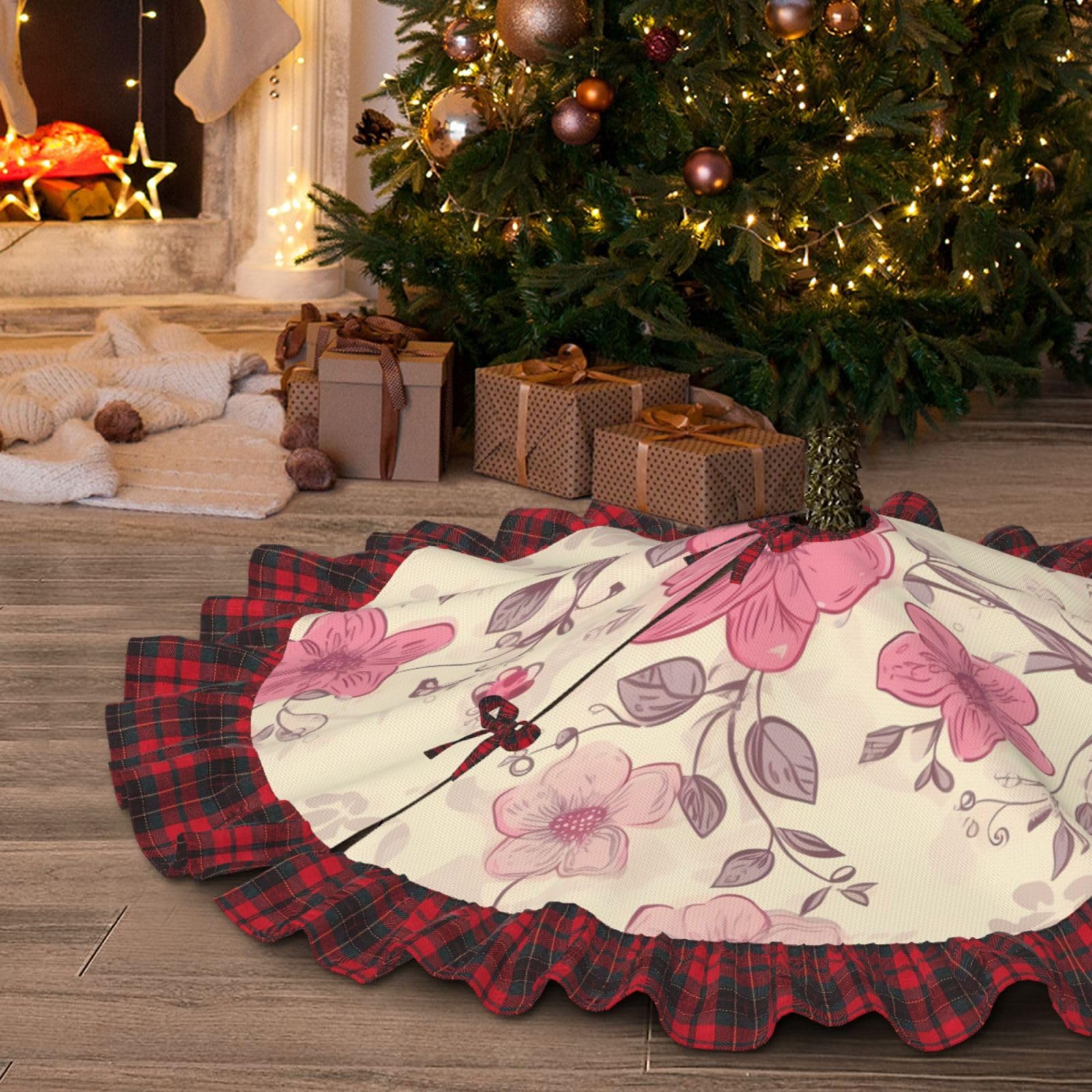 Jupe de sapin de Noël vintage floral rose pour réveillon magique et décoration du Nouvel An