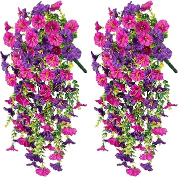 Artificial Hanging Flowers,2 Pcs Artificial Hanging Petunia Flowers,Vines for Spring Indoor Outdoor Garden Porch Eave Wedding Wall Decor Rose Red 1