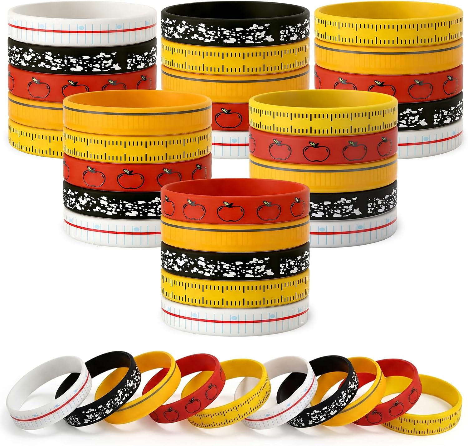 100 Pcs Back to School Silicone Wristbands Bulk, 5 Styles Apple Ruler Rubber Bracelets for Student Gifts, Classroom Rewards, First Day Party Favors