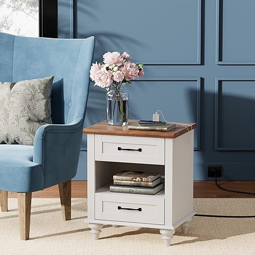 Miniatura 4 de WAMPAT Mesita de noche blanca con estación de carga, mesa auxiliar con dos cajones y estante abierto, mesa auxiliar de mediados de siglo con patas