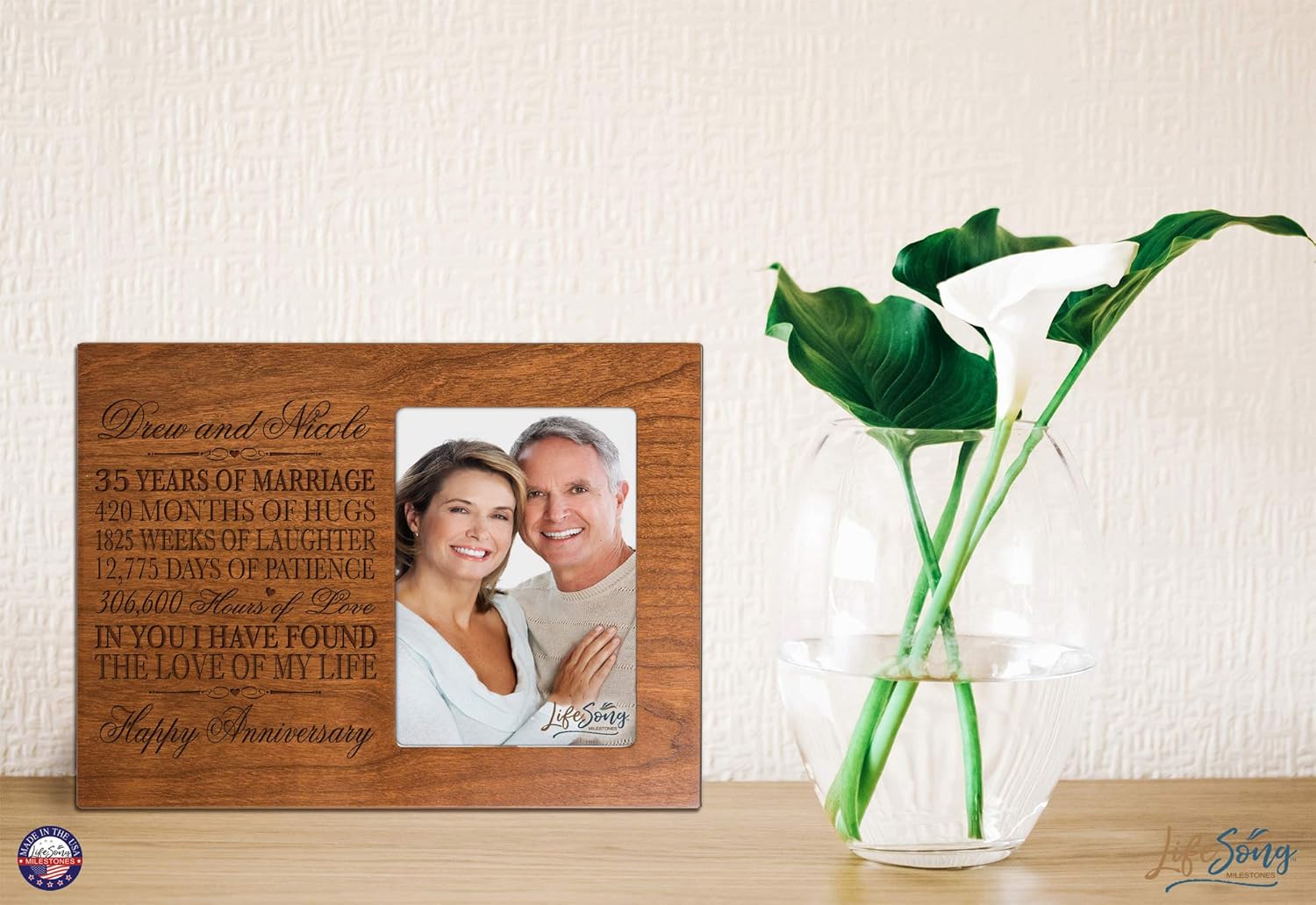 LifeSong Milestones Personalized 35th Year Wedding Anniversary Picture Frame Gift for Couple 35th for Her 35th Wedding for Him Photo Frame Holds 1 4x6 Photo 8" H X 10" W (Cherry)