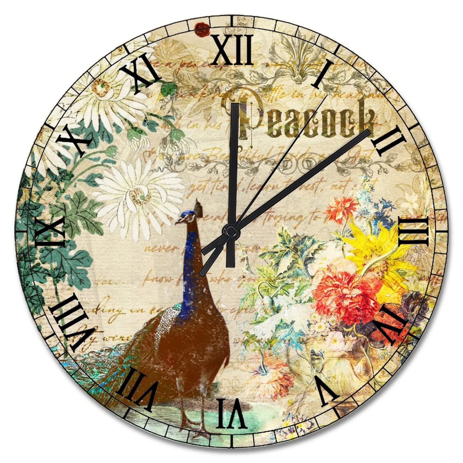Horloge murale ronde plumes de paon vintage 38,1 cm pendule murale à piles
