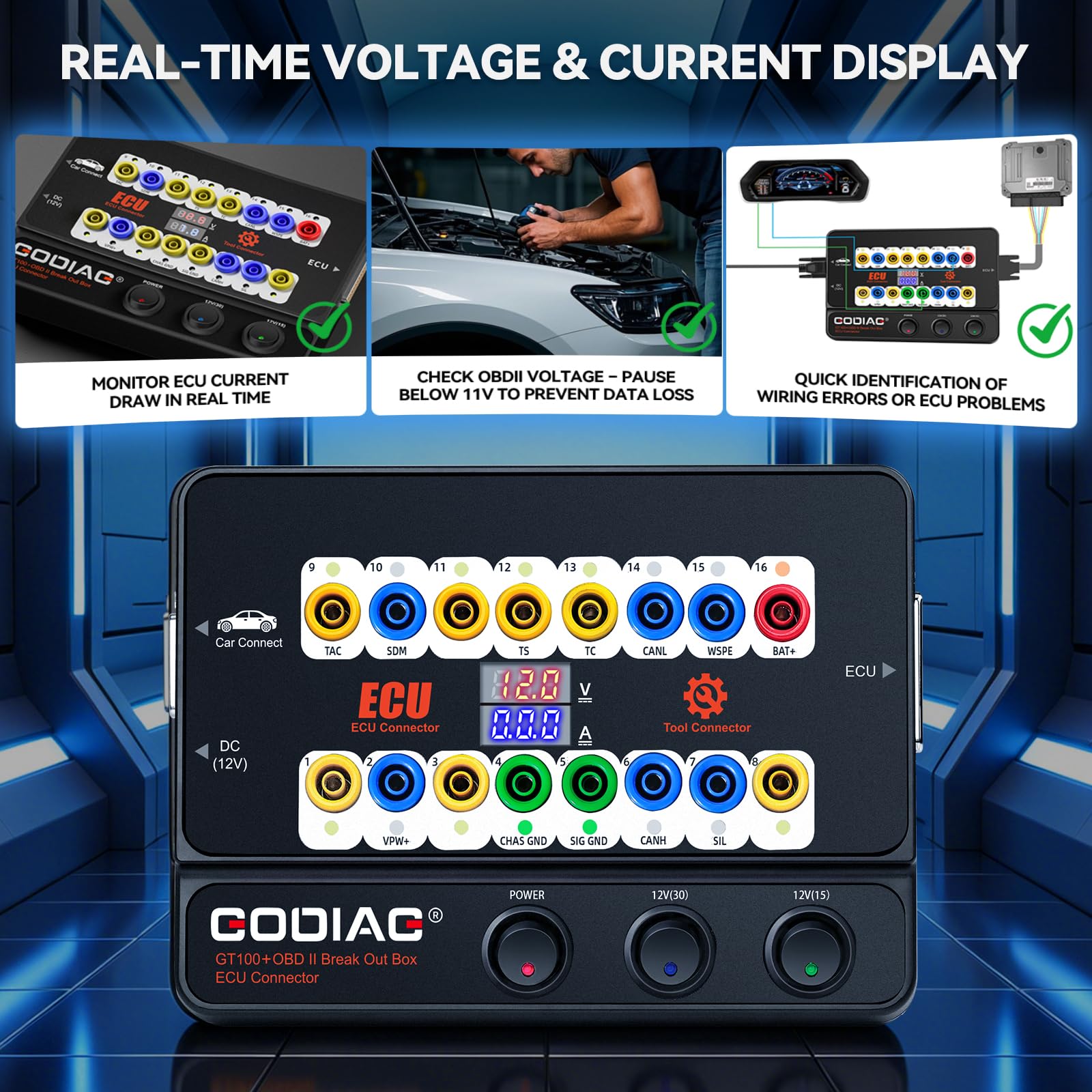 GODIAG GT100+ OBD2 Boîtier de dérivation 16 broches pour automobile ECU Outil de diagnostic pour test de banc et test de signal Canbus/K-LINE