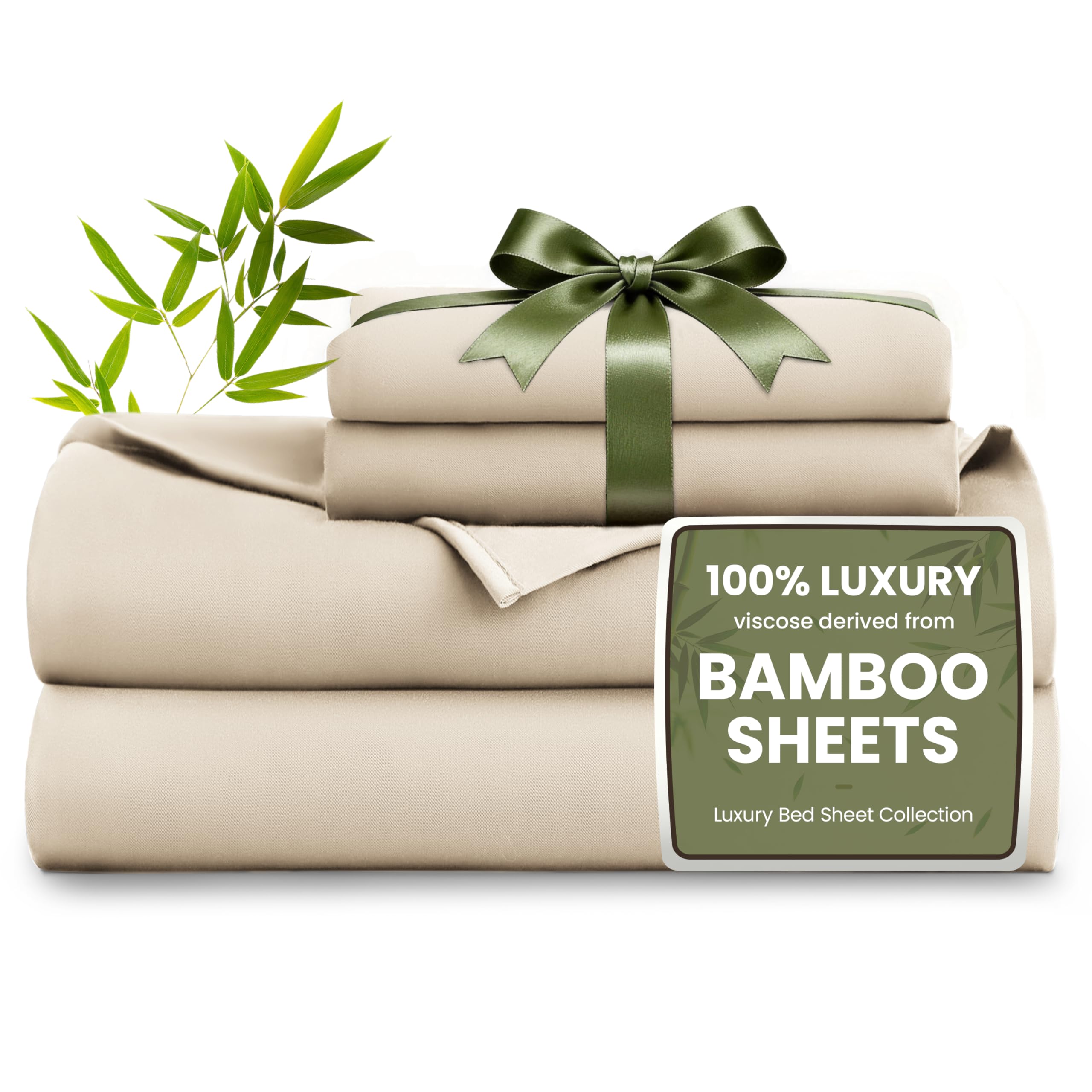 Love's cabin 4 Piece Full Size Sheet Set, 100% Rayon Derived from Bamboo, Cooling &amp; Breathable, Soft Silky Deep Pocket up to 16", Hotel Luxury Bedding for Hot Sleepers, Dark Beige