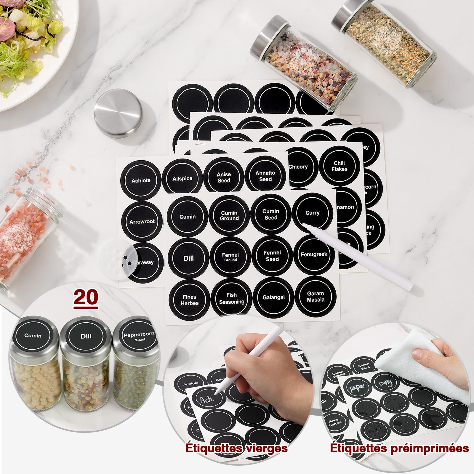 Carrousel à Épices en Acier Inoxydable avec Verres à Épices Ronds 20 * 100ml, Porte Épices Cuisine Rotatif, Étiquette en Français