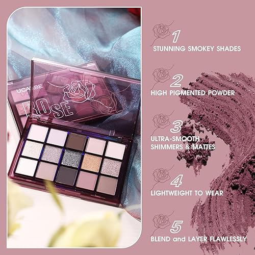 Miniatura 2 de UCANBE Smokey Rose Paleta de sombra de ojos, 15 colores neutros brillantes mate, paleta de maquillaje metálico, color marrón topo ahumado nude